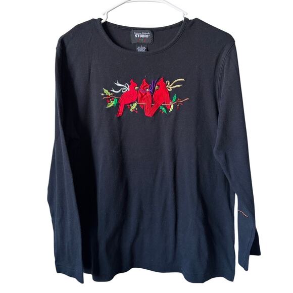 Designers Originals Studio Joy Christmas Holly Cardinal Embroidered Holiday Top - Picture 1 of 4